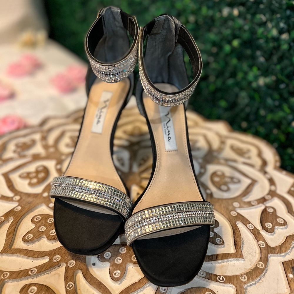 “Nina” Black Stiletto Heels, sequin design, size 7